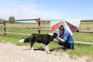 Tannia Joy cuddles with black and white border collie dog "Opie" of Equine Enrichment. Behind her on a farm fence is one of her hand quilted Sacred Space meditation wheels. 