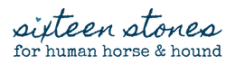 Sixteen Stones | For Human, Horse, and Hound wordmark logo in blue. 
